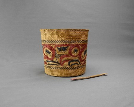 Haida spruce root basket and stick