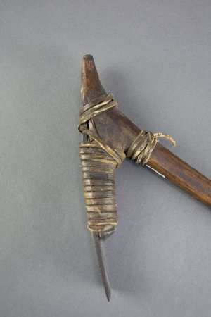 Adze with iron blade and wood handle - detail