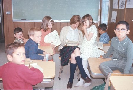 Karen Eakes with school children