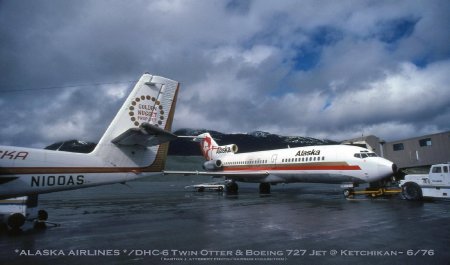 Alaska Airlines Twin Otter and Boeing 727 at Ketchikan Airport, 1976