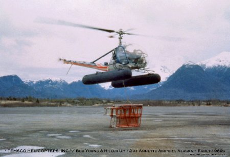 Bob Young with HIller UH-12 at Annette Airport, AK, circa early 1960s