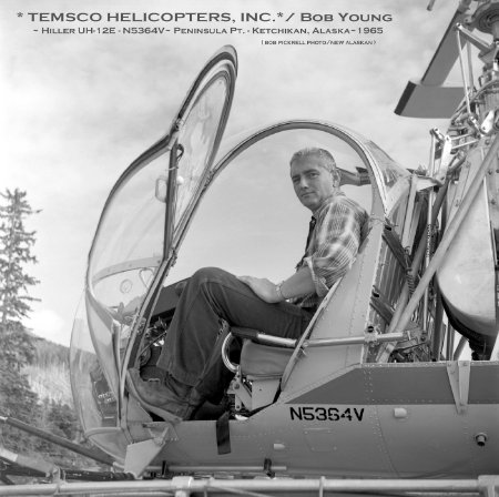 Bob Young in Hiller UH-12E at Peninsula Point, Ketchikan, AK, 1965