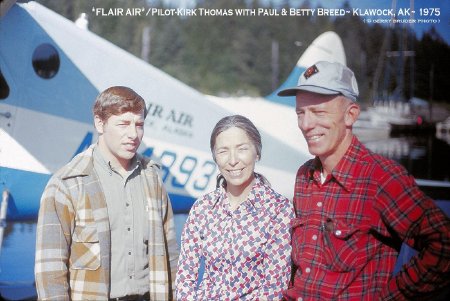 Flair Air Pilot Kirk Thomas with Paul and Betty Breed, Klawock, AK, 1975