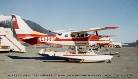 Alaska Southcoast Airways Cessna 206 and 185 at Ketchikan Airport, 1975