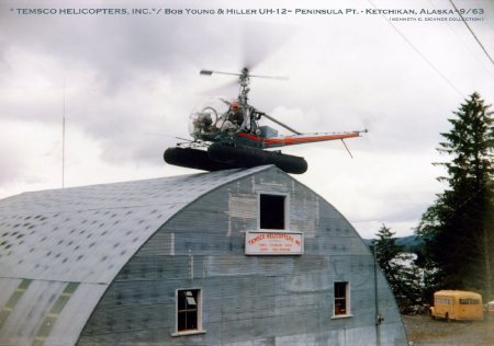 Bob Young in Hiller UH-12E at Peninsula Point, Ketchikan, AK, 1965