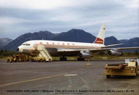 Western Airlines Boeing 720 Jetliner at Annette Airport, 1970