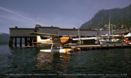 Alaska Southcoast Airways Cessna 180 at Nordby Dock, Ketchikan, AK, 1969