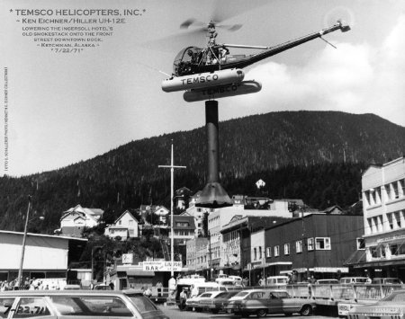 Ken Eichner in Hiller UH-12E Lowering Smokestack, Ketchikan, AK, 1971