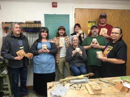 Naal Xak'w, Tommy Joseph, With Students in the Fronlet Carving Class, 2023