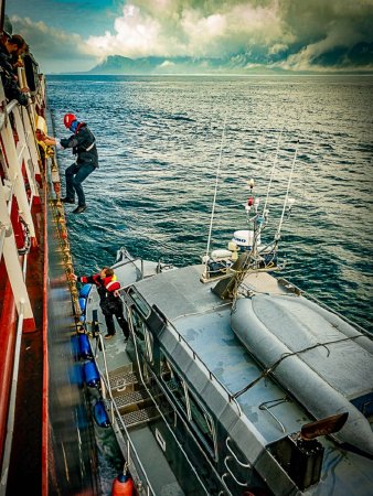 Southeast Alaska Sea Pilot Disembarking Cargo Ship, 2020, Capt. J.F. Baken
