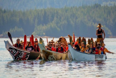 Canoes Wait for Permission to Come Ashore in Kasaan, Alaska, 2016