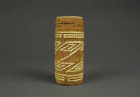 Red cedar bark woven bottle with canary grass false embroidery