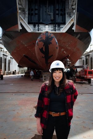 Port Captain Umeko Seaver with the <i>M/V Hubbard</i> at the Shipyard
